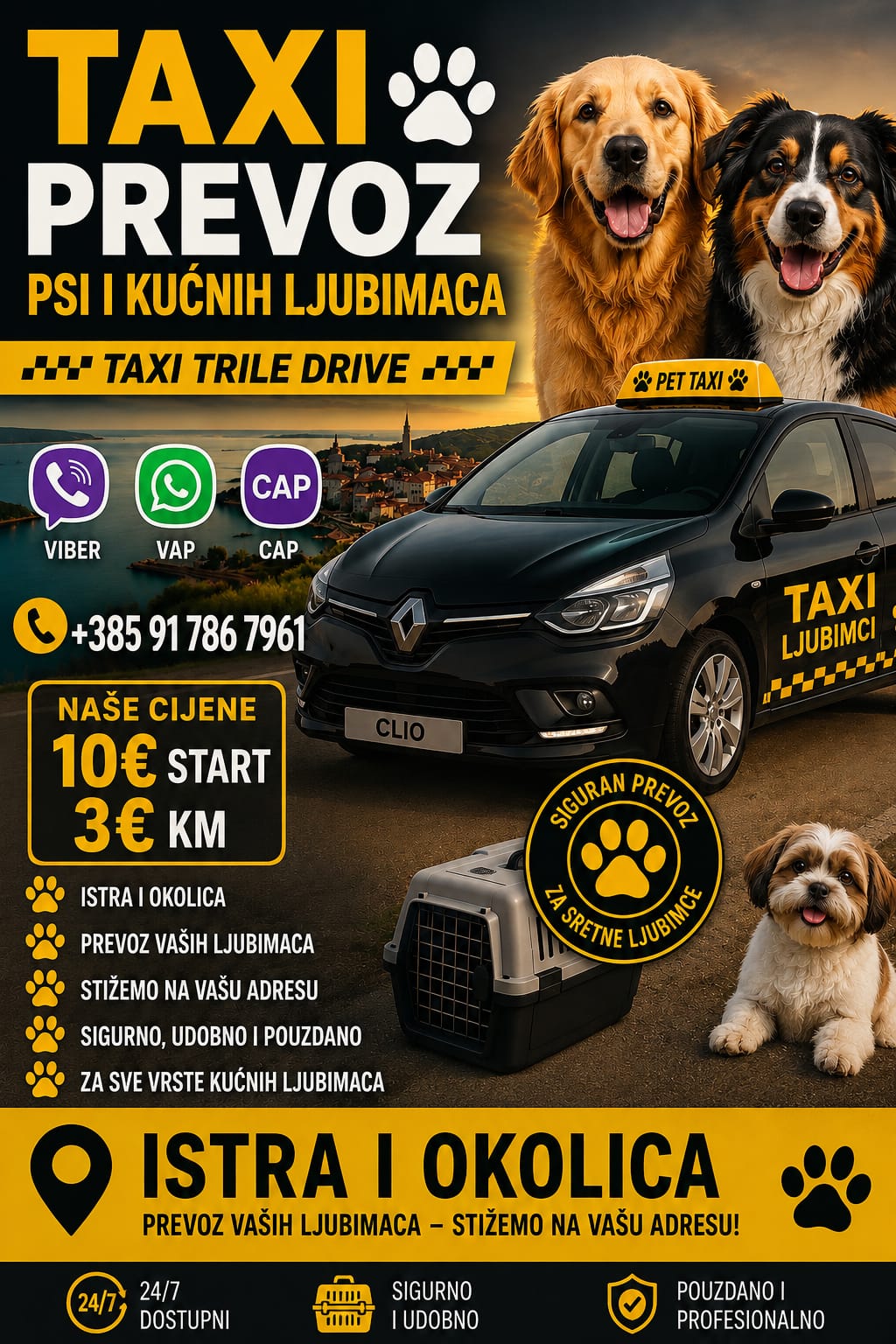 Taxi Trile Drive prijevoz kućnih ljubimaca — crni Renault Clio s Pet Taxi oznakom